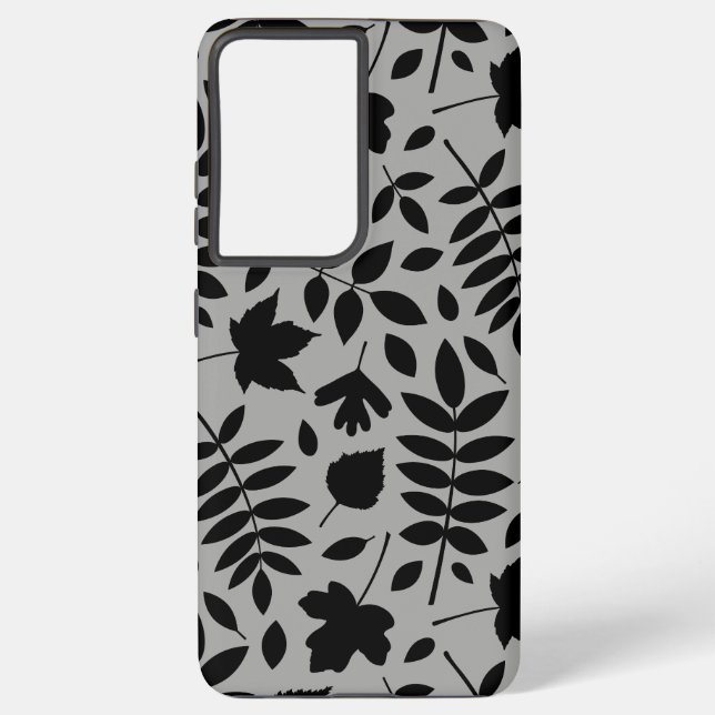 Fallen Leaves Lg Pattern Black on Grey Samsung Galaxy Case (Back)