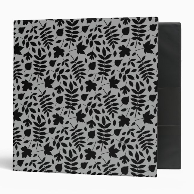 Fallen Leaves Pattern Black on Grey 3 Ring Binder (Front/Inside)