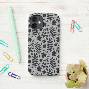 Fallen Leaves Pattern Black on Grey iPhone 12 Mini Case