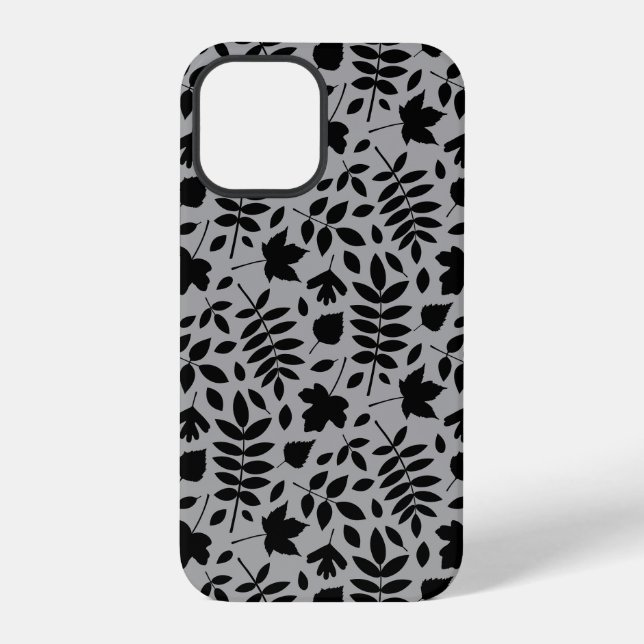 Fallen Leaves Pattern Black on Grey iPhone Case (Back)