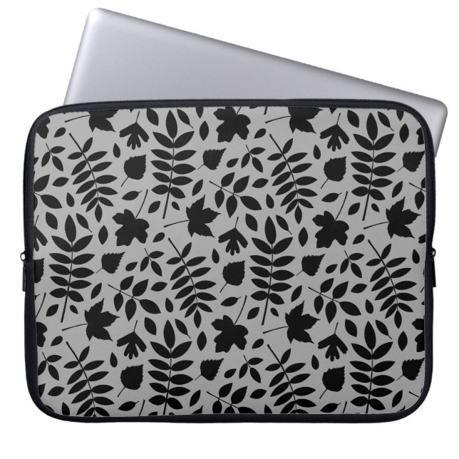 Fallen Leaves Pattern Black on Grey Laptop Sleeve (Front)