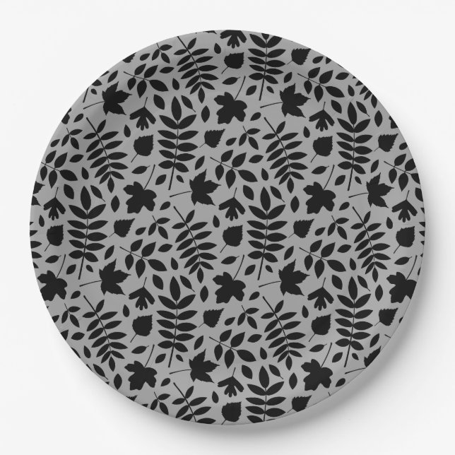 Fallen Leaves Pattern Black on Grey Paper Plates (Front)