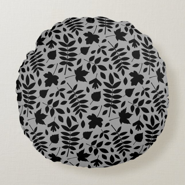 Fallen Leaves Pattern Black on Grey Round Pillow (Front)