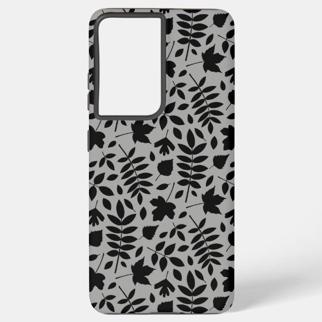Fallen Leaves Pattern Black on Grey Samsung Galaxy Case (Back)