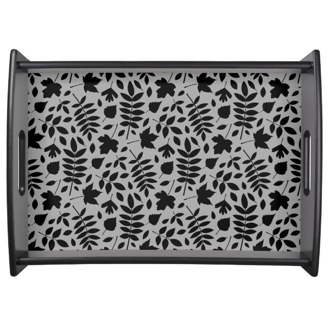 Fallen Leaves Pattern Black on Grey Serving Tray (Front)