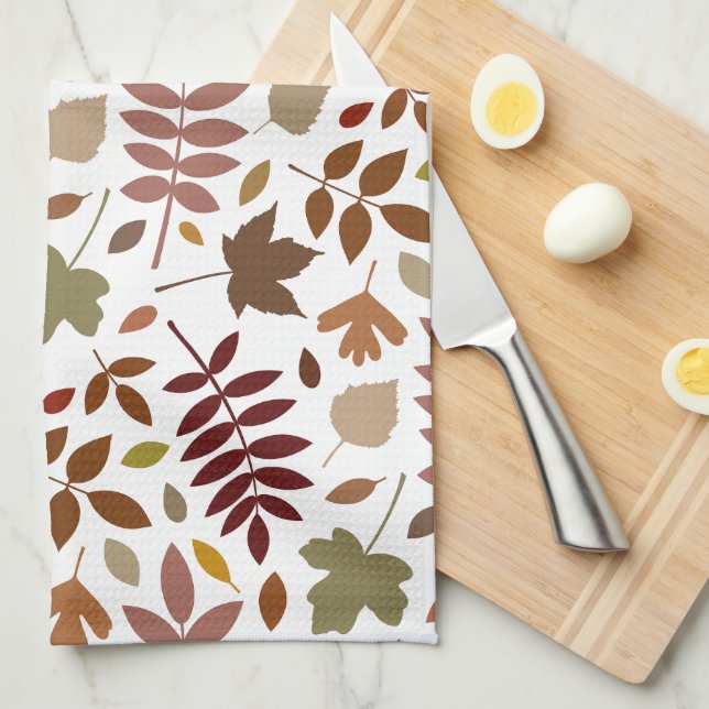 Fallen Leaves Pattern Fall Colors on White Kitchen Towel (Quarter Fold)