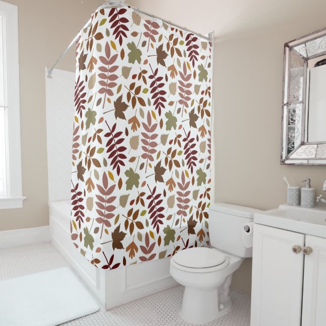 Fallen Leaves Pattern Fall Colors on White Shower Curtain (In Situ)
