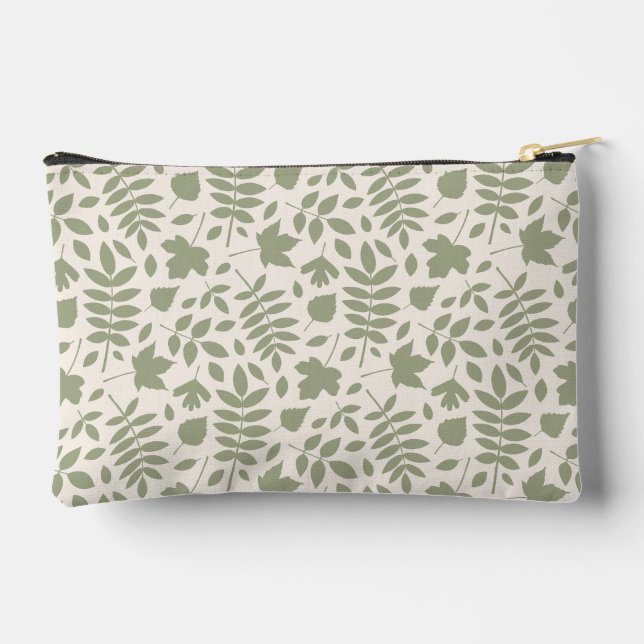 Fallen Leaves Pattern Green on Cream Accessory Pouch (Back)