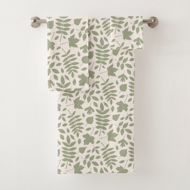 Fallen Leaves Pattern Green on Cream Bath Towel Set (Insitu)