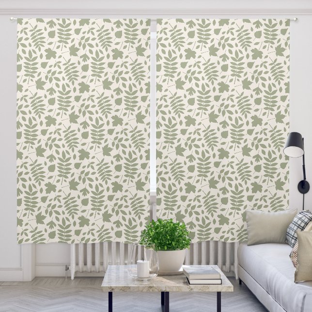 Fallen Leaves Pattern Green on Cream Blackout Curtains (Living Room)