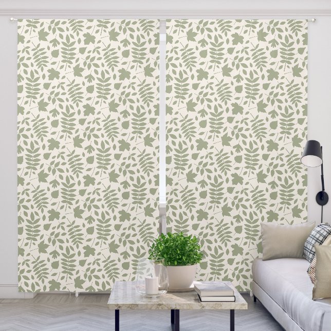 Fallen Leaves Pattern Green on Cream Blackout Curtains (Living Room)