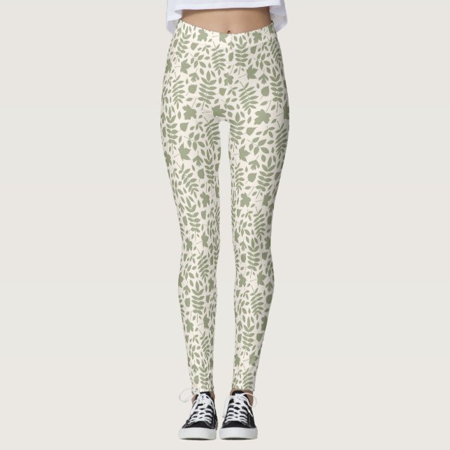 Fallen Leaves Pattern Green on Cream Leggings (Front)