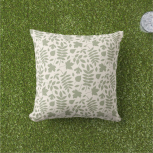 Fallen Leaves Pattern Green on Cream Outdoor Pillow