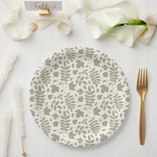 Fallen Leaves Pattern Green on Cream Paper Plates (Wedding)
