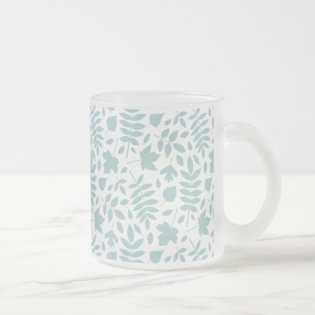 Fallen Leaves Pattern Lt Teal on White Frosted Glass Coffee Mug (Right)