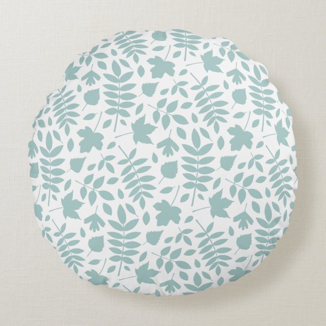 Fallen Leaves Pattern Lt Teal on White Round Pillow (Front)