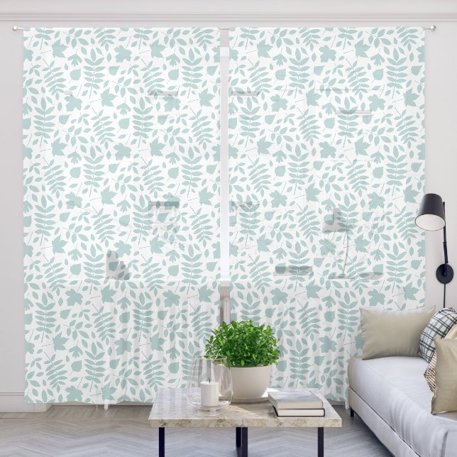 Fallen Leaves Pattern Lt Teal on White Sheer Curtains (Living Room)