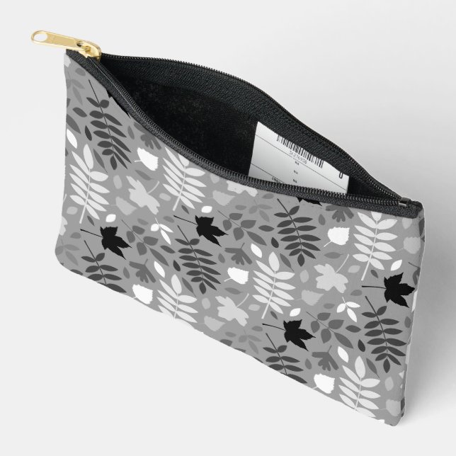 Fallen Leaves Pattern Monochrome on Grey Accessory Pouch (Open)