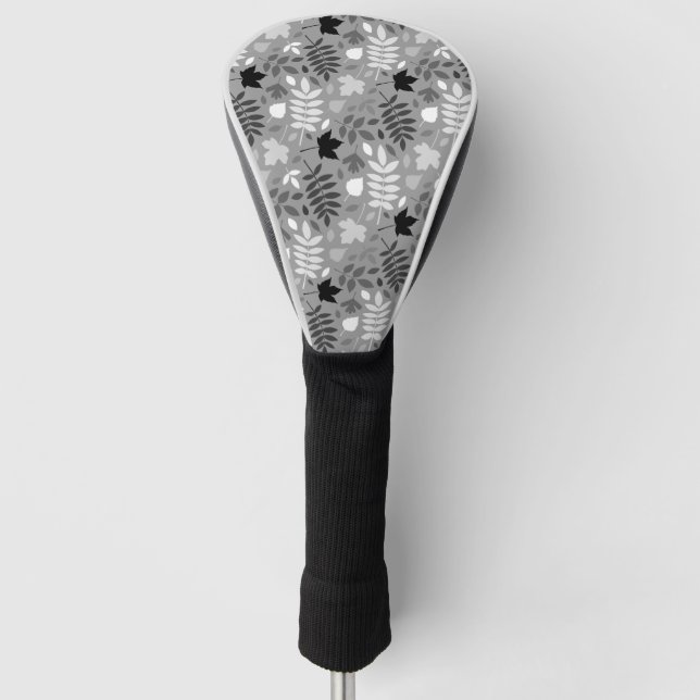 Fallen Leaves Pattern Monochrome on Grey Golf Head Cover (Front)