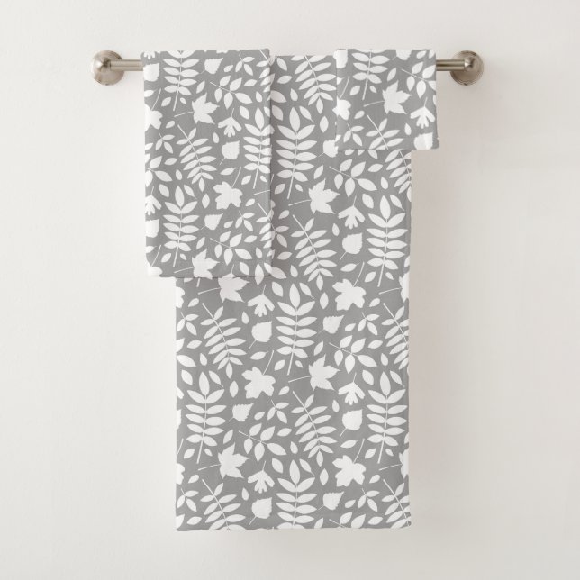 Fallen Leaves Pattern White on Grey Bath Towel Set (Insitu)