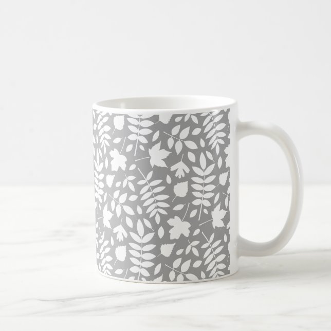 Fallen Leaves Pattern White on Grey Coffee Mug (Right)