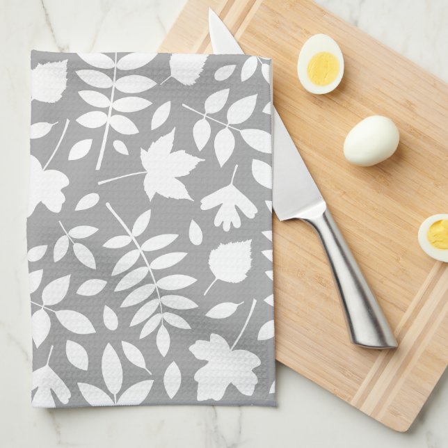 Fallen Leaves Pattern White on Grey Kitchen Towel (Quarter Fold)