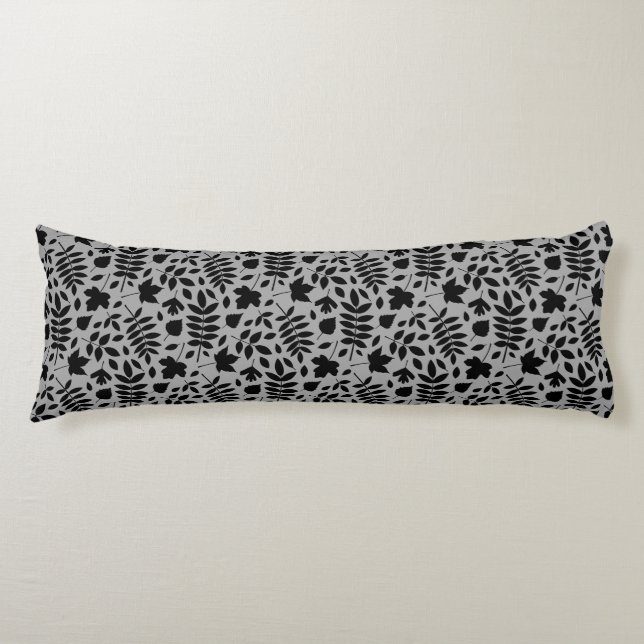 Fallen Leaves Rpt Pattern Black on Grey Body Pillow (Front)