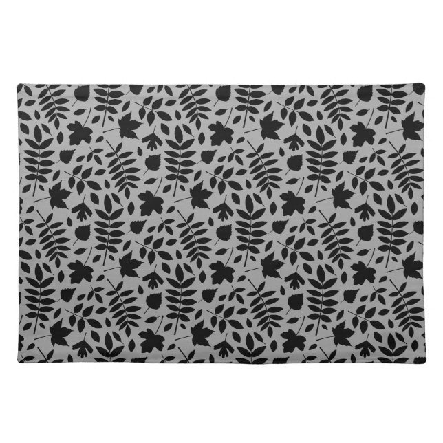Fallen Leaves Rpt Pattern Black on Grey Cloth Placemat (Front)