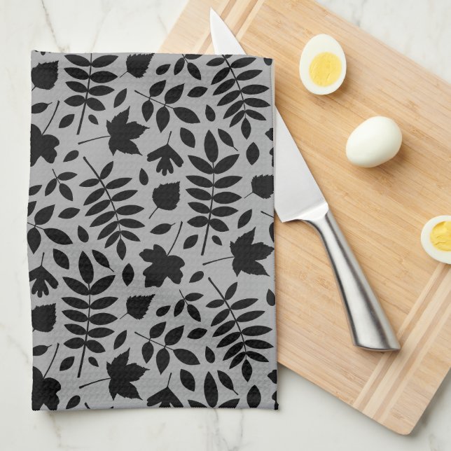 Fallen Leaves Rpt Pattern Black on Grey Kitchen Towel (Quarter Fold)