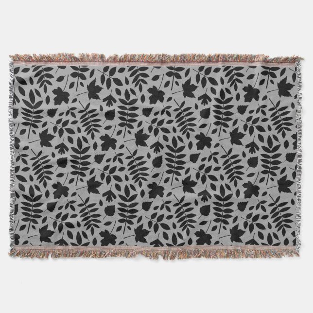Fallen Leaves Rpt Pattern Black on Grey Throw Blanket (Front)