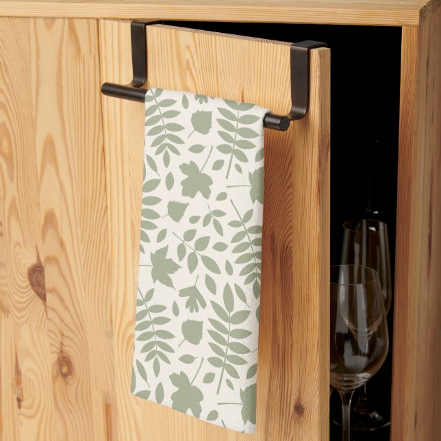 Fallen Leaves Rpt Pattern Green on Cream Kitchen Towel (Thirds Fold)