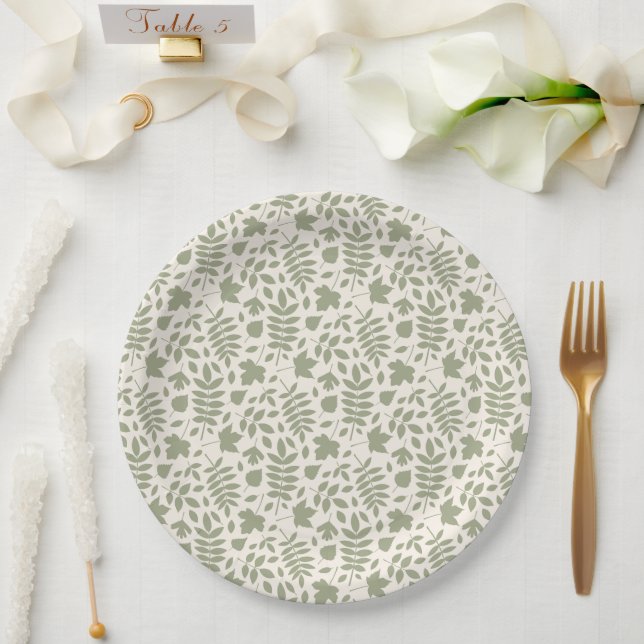 Fallen Leaves Rpt Pattern Green on Cream Paper Plates (Wedding)
