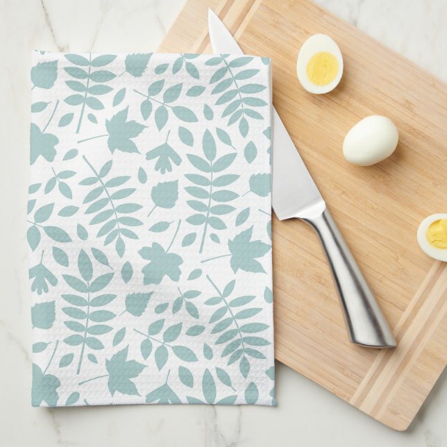 Fallen Leaves Rpt Pattern Lt Teal on White Kitchen Towel (Quarter Fold)