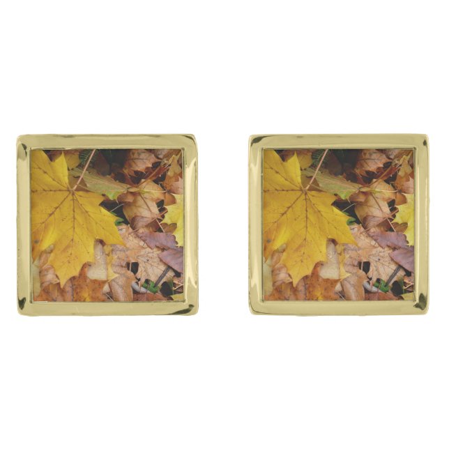 Fallen Maple Leaves Yellow Autumn Nature Cufflinks (Front)