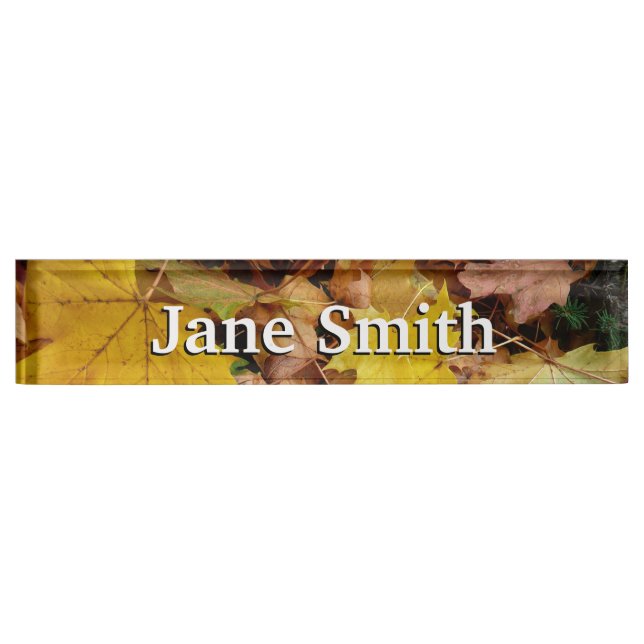 Fallen Maple Leaves Yellow Autumn Nature Desk Name Plate (Front)
