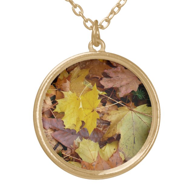 Fallen Maple Leaves Yellow Autumn Nature Gold Plated Necklace (Front)