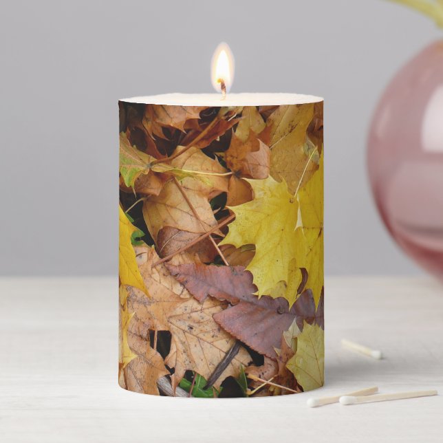 Fallen Maple Leaves Yellow Autumn Nature Pillar Candle (In Situ)