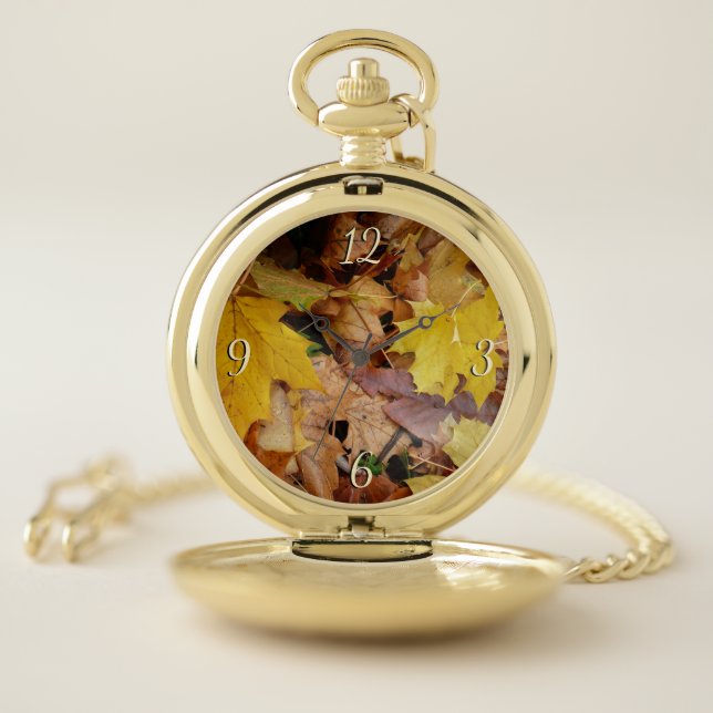 Fallen Maple Leaves Yellow Autumn Nature Pocket Watch (Inside)