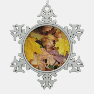 Fallen Maple Leaves Yellow Autumn Nature Snowflake Pewter Christmas Ornament