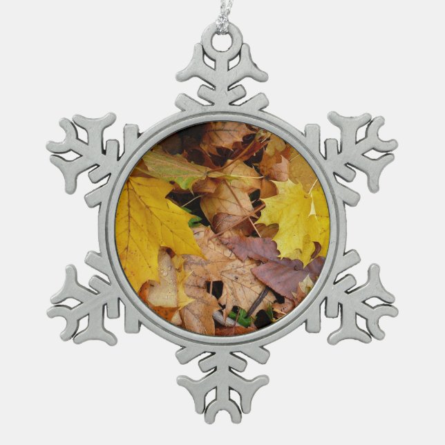 Fallen Maple Leaves Yellow Autumn Nature Snowflake Pewter Christmas Ornament (Front)