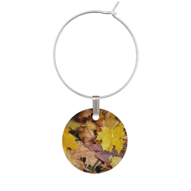 Fallen Maple Leaves Yellow Autumn Nature Wine Charm (Front)