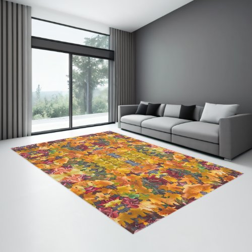 Falling Autumn Leaves on Wooden Surface Rug