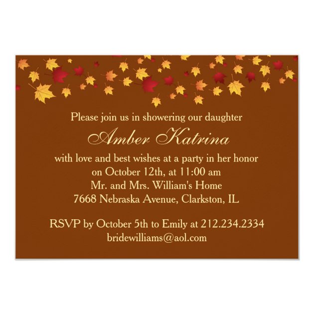 Falling Autumn Leaves, Wedding Gown Bridal Shower Invitation