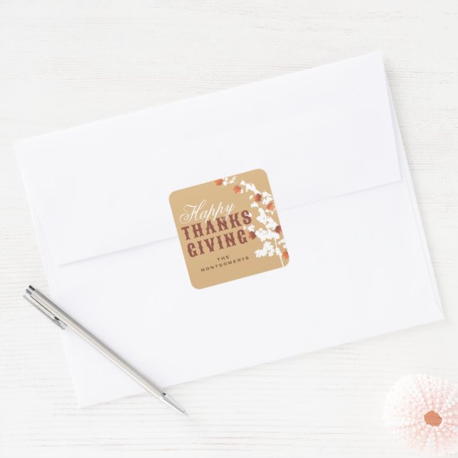Falling Autumn Maple Leaves Happy Thanksgiving Square Sticker (Envelope)