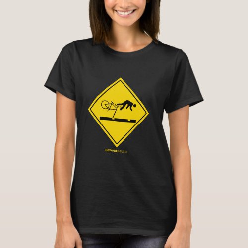 Falling Bicyclists Ahead Caution Sign Funny Cyclin T_Shirt