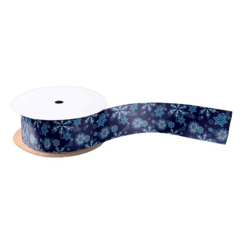 Falling Blue Snowflakes Pattern Satin Ribbon