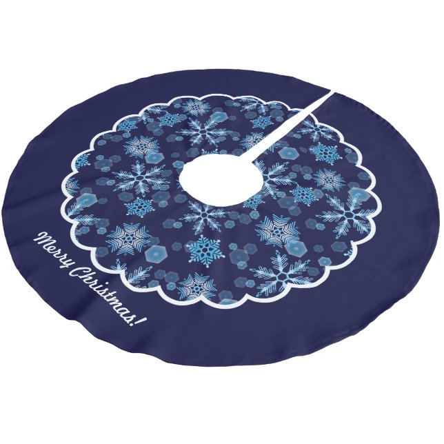 Falling Blue Snowflakes Pattern Scalloped Brushed Polyester Tree Skirt (Angled)