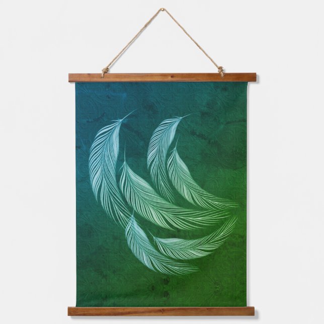 Falling Colorful Feathers Green Hanging Tapestry (Front)