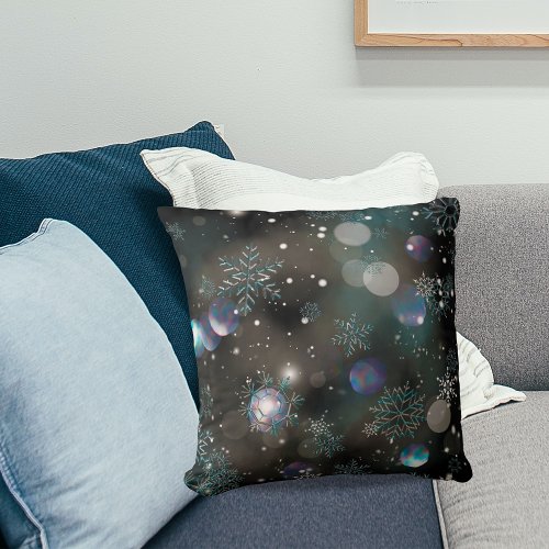 Falling Crystal Snowflakes and Bokeh on Black  Throw Pillow