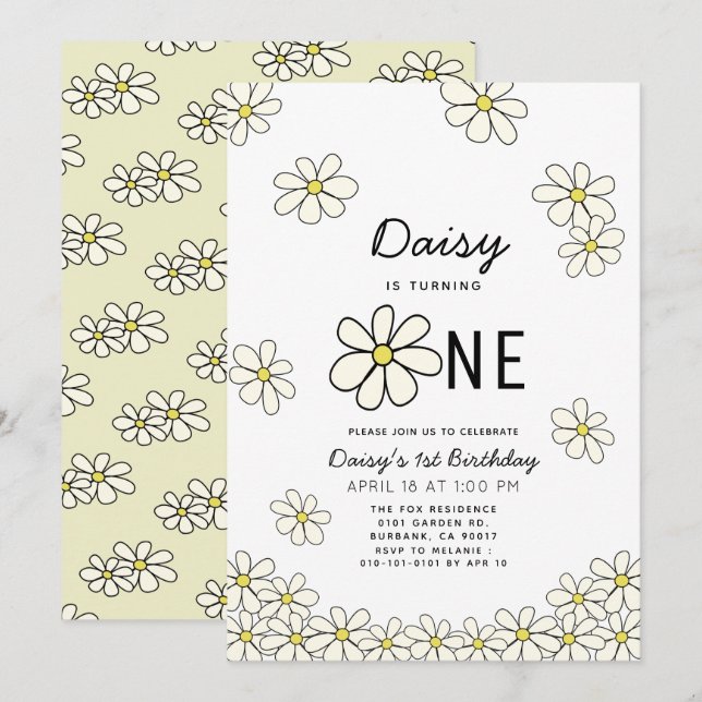 Falling Daisies White Floral 1st Birthday Invitation (Front/Back)